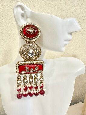 Elegant Gold Plated Gold and Red Chandbali Kundan Dangle Earrings (High Quality)